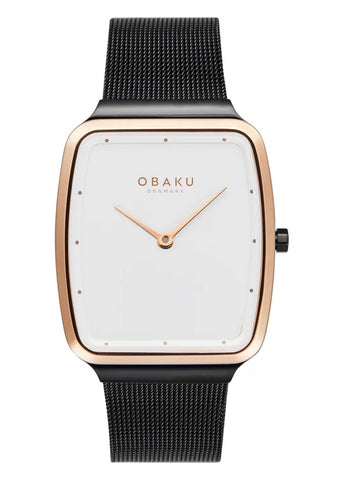 OBAKU TERN-TUSCANY BLACK MESH BRACELT ROSE WHITE DIAL V267GXMIMB