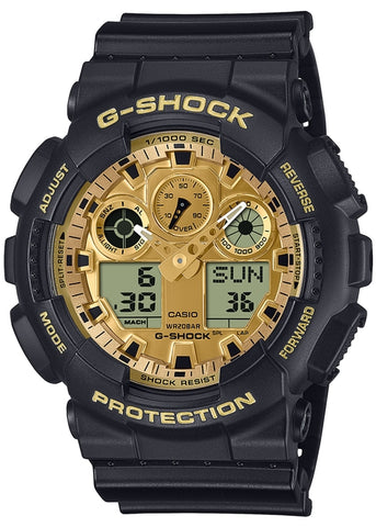 CASIO G-SHOCK ANALOGUE / DIGITAL GOLD DIAL BLACK RESIN BAND GA100GGB-1A9