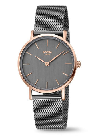 BOCCIA LADIES TITANIUM ROSE GOLD CASE GUNMETAL MESH BAND 3281-11