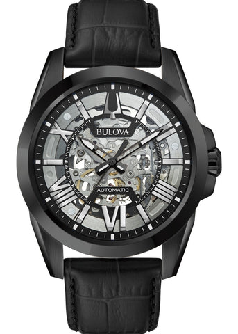 BULOVA GENTS AUTOMATIC SKELETON BLACK LEATHER 98A304