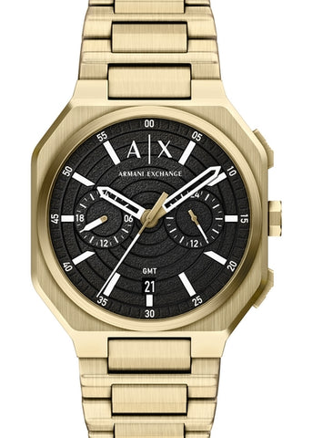 ARMANI EXCHANGE BASS G.M.T BLACK TEXTURE DIAL GOLD BRACELET AX1476