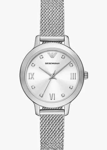 EMPORIO ARMANI CLEO CRYSTAL SET SILVER DIAL STAINLESS MESH AR11584