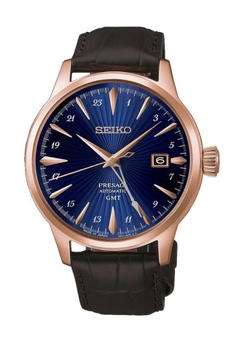 SEIKO PRESAGE COCKTAIL TIME G.M.T ROSE GOLD BROWN LEATHER HCB005J
