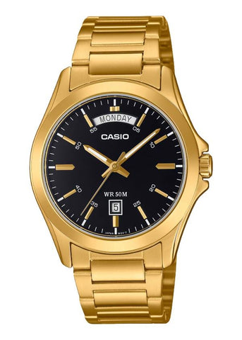 CASIO ANALOGUE BLACK DIAL DAY DATE GOLD STAINLESS BRACELET MTP1370G-1A
