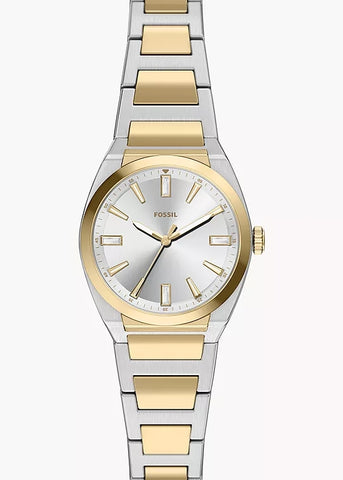 FOSSIL EVERETT SILVER DIAL BAGUETTE STONE TWO-TONE BRACELET ES5494