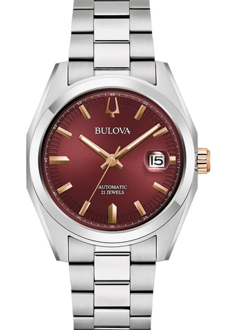 BULOVA GENTS SURVEYOR AUTOMATIC BURGUNDY RED DIAL STAINLESS 98B422