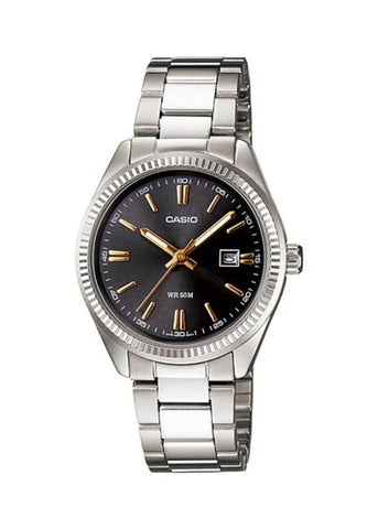 CASIO LADIES ANALOGUE BLACK DIAL STAINLESS STEEL BRACELET LTP1302D-1A2