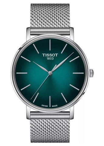 TISSOT SWISS EVERYTIME TEAL DIAL SILVER MESH BAND T143-410-11-091-00