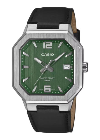 CASIO ANALOGUE SQUARE GREEN DIAL BLACK LEATHER MTPB195L-3A