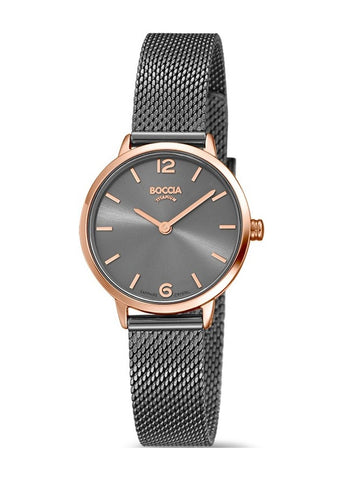 BOCCIA LADIES TITANIUM ROSE GOLD CASE GUNMETAL MESH BAND 3345-06