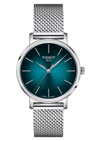 TISSOT SWISS EVERYTIME TEAL DIAL SILVER MESH BAND T143-210-11-091-00