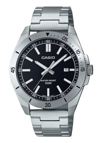 CASIO ANALOGUE BLACK DIAL STAINLESS STEEL BRACELET MTPB155D-IE