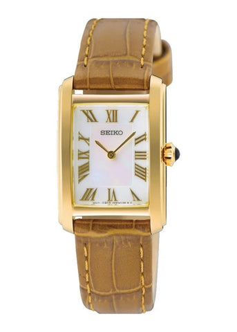SEIKO CONCEPTUAL RECTANGULAR SHAPE GOLD TAN LEATHER BAND SWR100P