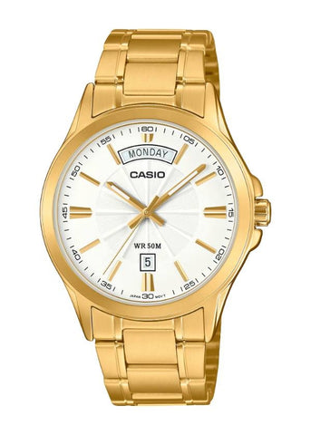 CASIO ANALOGUE WHITE DIAL DAY DATE GOLD STAINLESS BRACELET MTP1381GD-7A