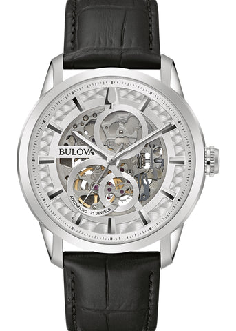 BULOVA GENTS CLASSIC SUTTON SKELETON DIAL BLACK LEATHER BAND 96A266