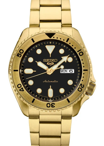 SEIKO 5 SPORTS AUTOMATIC BLACK DIAL GOLD STEEL BRACELET SRPK18J-8