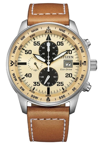 CITIZEN GENTS ECO-DRIVE CHRONOGRAPH BEIGE DIAL TAN LEATHER CA0880-15X