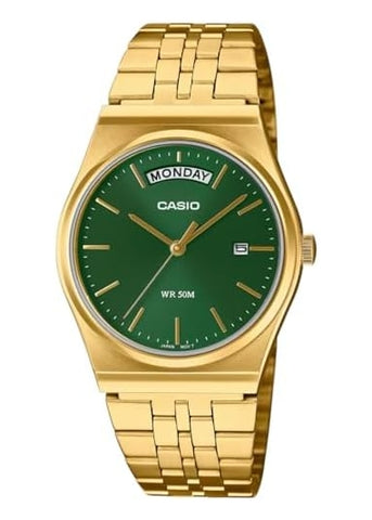 CASIO ANALOGUE GREEN DIAL DAY DATE GOLD STAINLESS BRACELET MTPB146G-3A