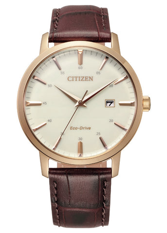 CITIZEN GENTS ECO-DRIVE IVORY DIAL BROWN LEATHER BAND BM7463-12A
