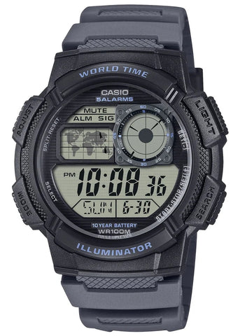 CASIO DIGITAL WORLD TIME ILLUMINATOR LIGHT GREY RESIN BAND AE1000W-8A