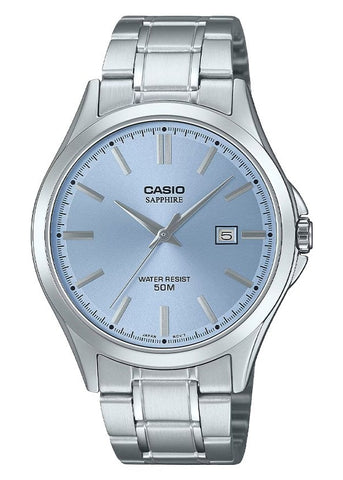 CASIO ANALOGUE BLUE DIAL SAPPHIRE GLASS STAINLESS BRACELET MTS115D-2A2