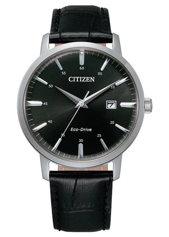 CITIZEN GENTS ECO-DRIVE BLACK DIAL BLACK LEATHER BAND BM7460-11E