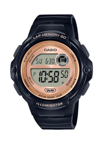 CASIO DIGITAL ROSE GOLD DIAL BLACK SHINE RESIN BAND LWS1200H-1A