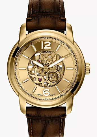 FOSSIL HERITAGE AUTOMATIC GOLD SKELETON BROWN LEATHER ME3279