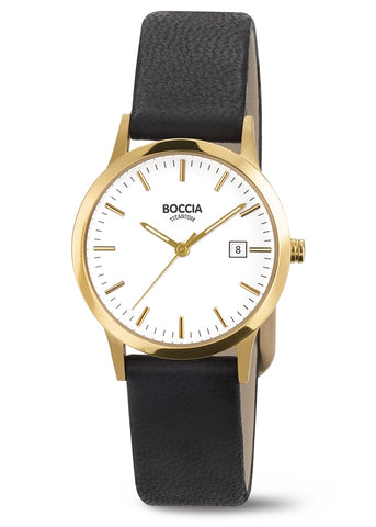 BOCCIA TITANIUM WHITE DIAL GOLD CASE BLACK LEATHER BAND 3180-05