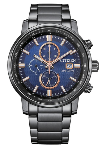 CITIZEN GENTS ECO-DRIVE CHRONOGRAPH BLUE DIAL BLACK BRACELET CA0845-83L