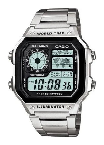 CASIO DIGITAL WORLD TIME STAINLESS STEEL BRACELET AE1200WHD-1A