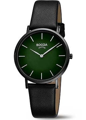 BOCCIA TITANIUM BLACK CASE GREEN DIAL BLACK LEATHER BAND 3273-14