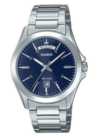 CASIO ANALOGUE BLUE DIAL DAY DATE STAINLESS BRACELET MTP1370D-2A
