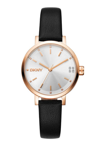DKNY SOHO GLITZ SILVER DIAL ROSE GOLD BLACK LEATHER BAND DK1L038L0035