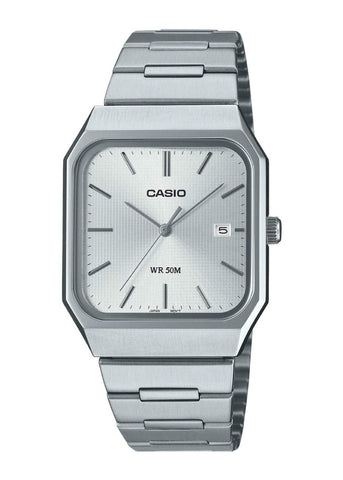 CASIO ANALOGUE SQUARE CASE SILVER DIAL STEEL BRACELET MTPB185D-7A