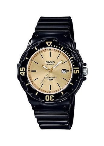 CASIO ANALOGUE GOLD DIAL BLACK RESIN BAND LRW200H-9E