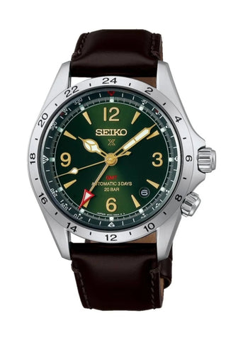 SEIKO PROSPEX ALPINIST AUTOMATIC G.M.T GREEN DIAL BROWN BAND HBC007J