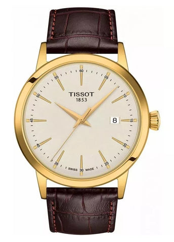 TISSOT SWISS GENTS CLASSIC DREAM GOLD BROWN LEATHER T129-410-36-261-00