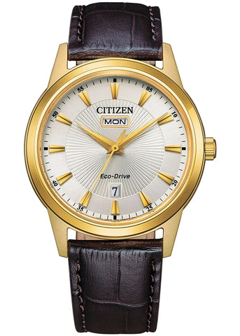 CITIZEN GENTS ECO-DRIVE GOLD CASE BROWN LEATHER AW0102-13A
