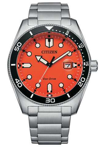 CITIZEN GENTS ECO-DRIVE ORANGE DIAL STAINLESS STEEL BRACELET AW1760-81X
