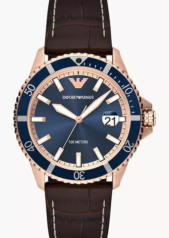 EMPORIO ARMANI DIVER BLUE DIAL ROSE GOLD BROWN LEATHER AR11556