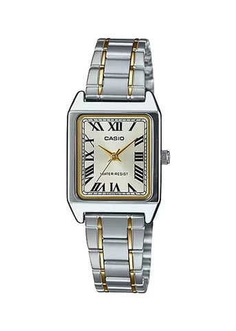 CASIO LADIES ANALOGUE SQUARE CASE GOLD DIAL TWO-TONE LTPV007SG-9B