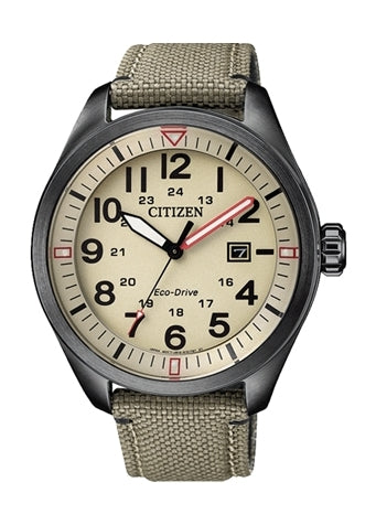 CITIZEN GENTS ECO-DRIVE BEIGE DIAL BEIGE FABRIC BAND AW5005-12X