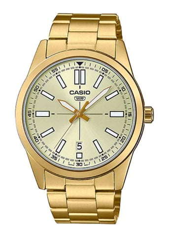 CASIO ANALOGUE GOLD DIAL GOLD STAINLESS STEEL BRACELET MTPVD02G-9E