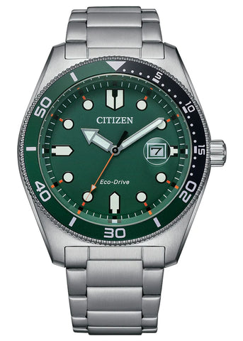 CITIZEN GENTS ECO DRIVE GREEN DIAL STAINLESS STEEL BRACELET AW1768-80X