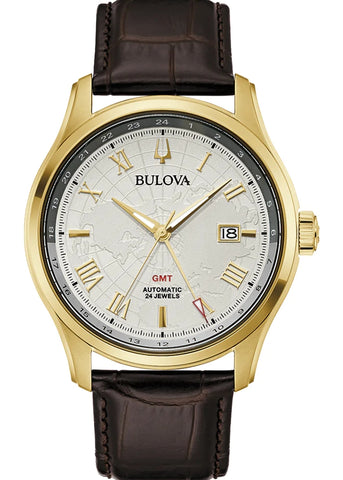 BULOVA GENTS CLASSIC AUTOMATIC G.M.T DIAL BROWN LEATHER 97B210
