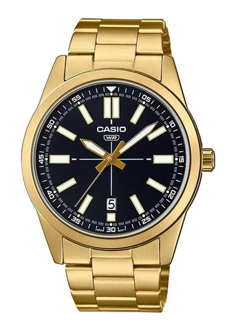 CASIO ANALOGUE BLACK DIAL GOLD STAINLESS STEEL BRACELET MTPVD02G-1E
