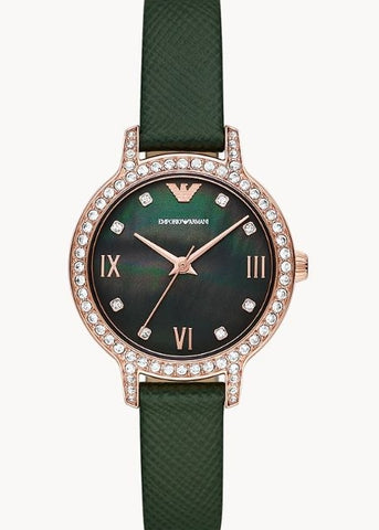 EMPORIO ARMANI CLEO CRYSTAL SET PEARL DIAL GREEN LEATHER AR11577