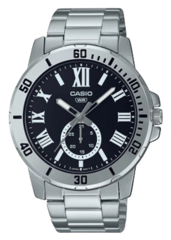 CASIO GENTS ANALOGUE ROMAN NUMERAL BLACK DIAL STAINLESS MTPVD200D-1B