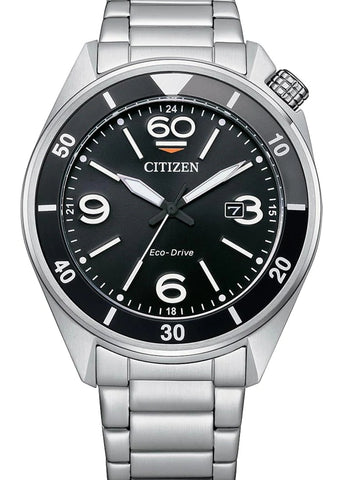 CITIZEN GENTS ECO-DRIVE AVIATOR STYLE BLACK DIAL STAINLESS AW1710-80E